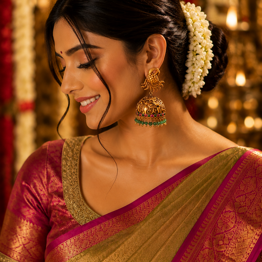 Mayura Gaja Jhumkas - Ruby and Emerald