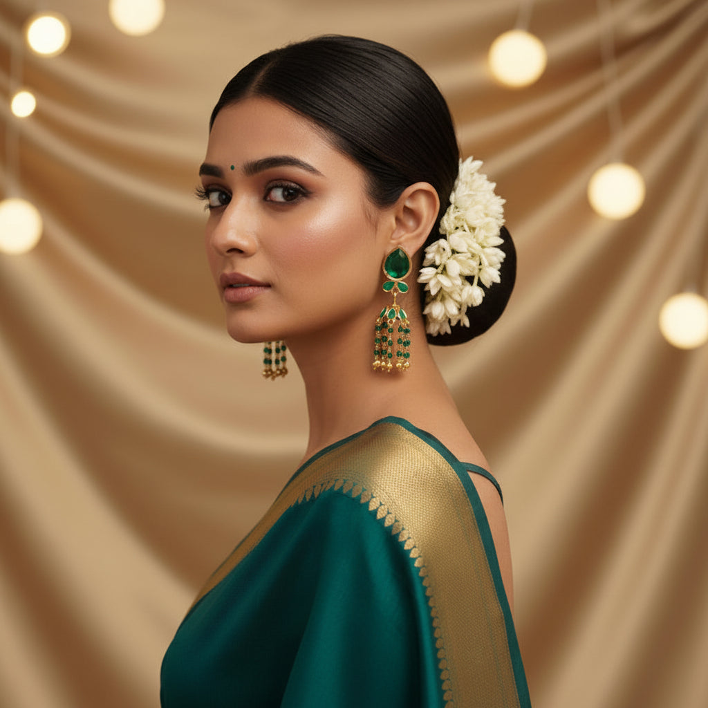 A pair of gold-toned statement earrings with green teardrop-shaped stones and dangling green and gold tassel details, displayed on dark green draped fabric with scattered red rose petals and small dried flowers.