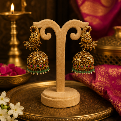 Mayura Gaja Jhumkas - Ruby and Emerald