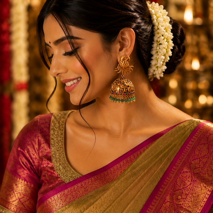 Mayura Gaja Jhumkas - Ruby and Emerald