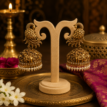 Mayura Gaja Jhumkas - White