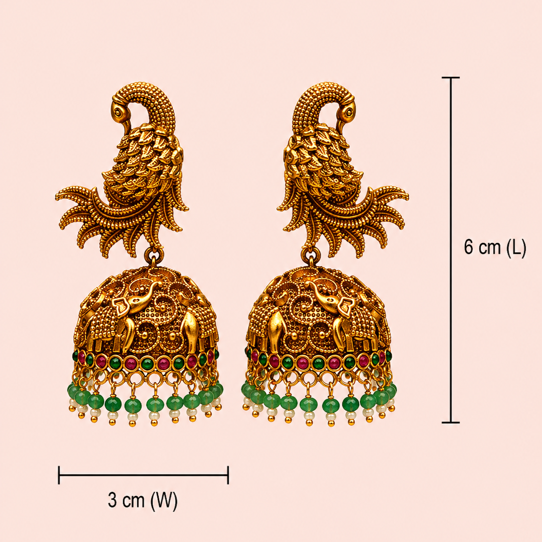 Mayura Gaja Jhumkas - Ruby and Emerald